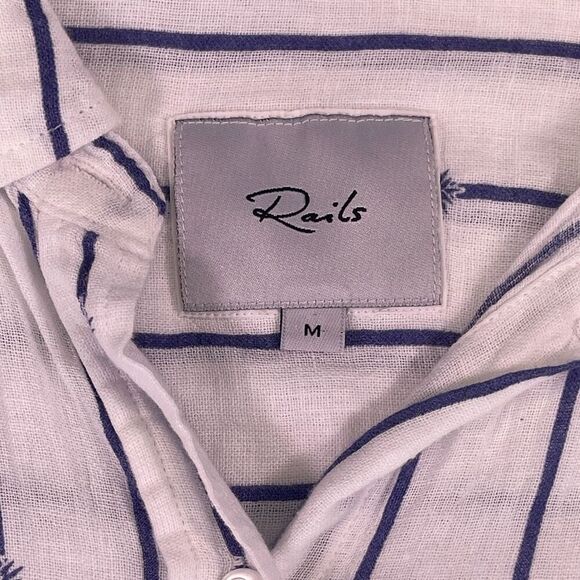 Rails White Navy Striped Pineapple Print Linen Blend Button Up Shirt Size Medium - Picture 5 of 13